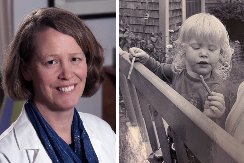 Side-by-side photos show Catherine Allan recently posing, on the left, in a doctor's coat, and, on the right she is playing outside as a child.