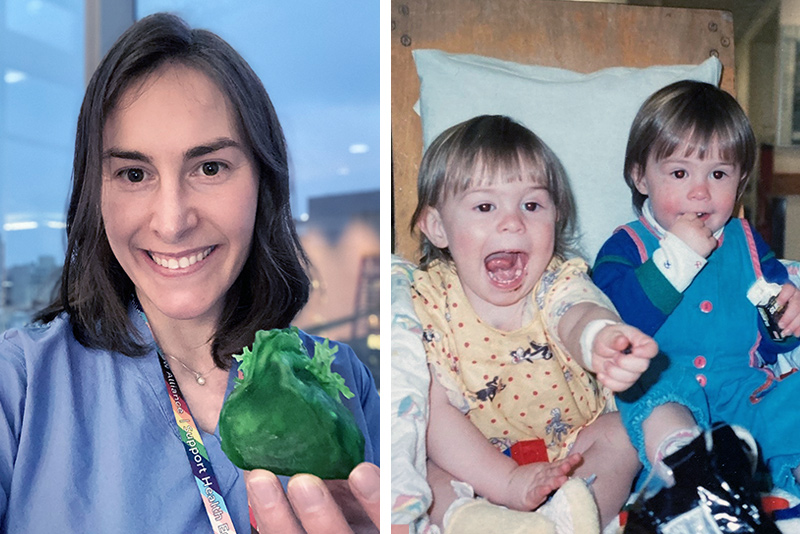 Side-by-side photos of Emily Eickhoff show her, on the left, recently holding a 3D model of her heart, and, on the right, sitting to the left of her sister, Leah, while being treated as a child at Boston Children's Hospital.