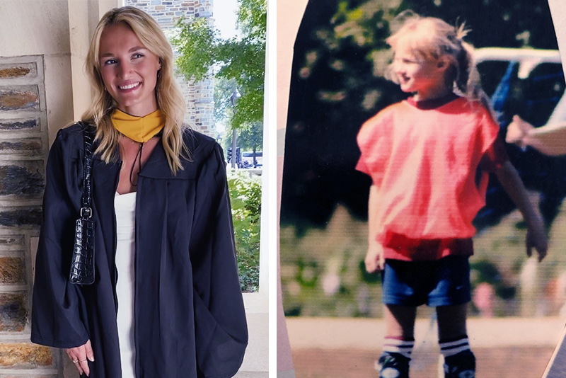 Side-by-side photos of Lindsey Reynolds show her, on the left, at graduation ceremonies at Duke University and, on the right, playing soccer when she was 8.