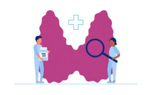 An illustration shows clinicians examining a thyroid, which is enlarged for effect.
