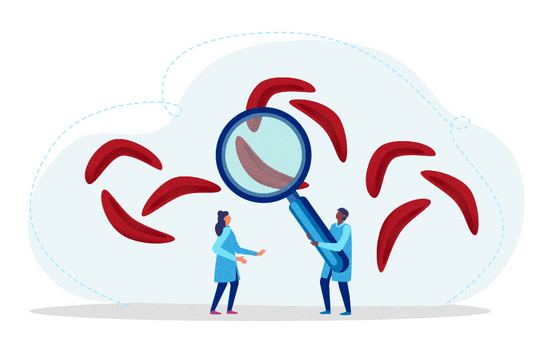 illustration of scientists with a magnifying glass and sickled red blood cells