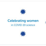 Banner image with coronaviruses and the text “Celebrating women in COVID-19 science.”