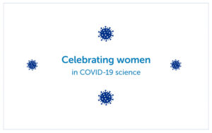 Banner image with coronaviruses and the text “Celebrating women in COVID-19 science.”