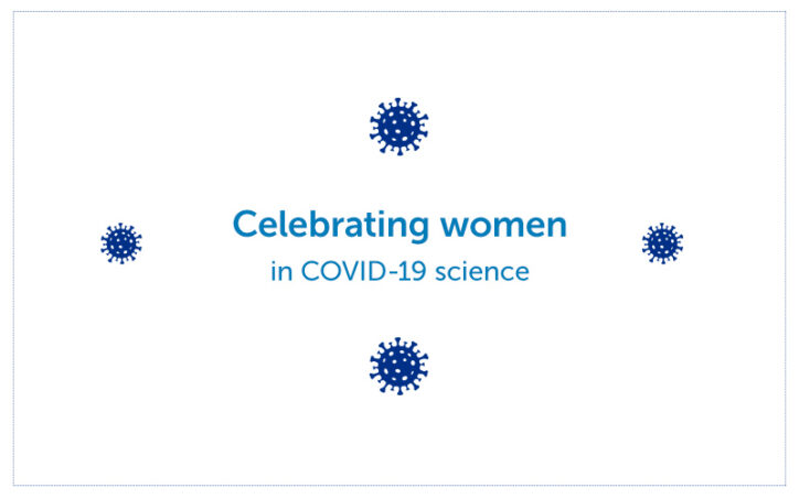 Banner image with coronaviruses and the text “Celebrating women in COVID-19 science.”