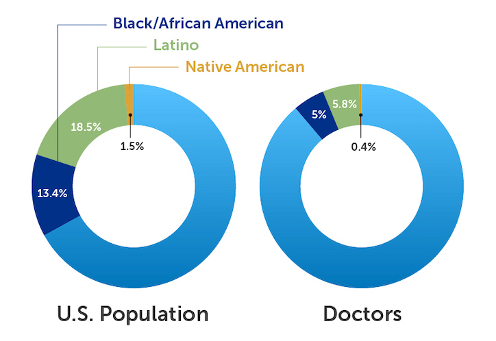Pie charts comparing U.S. population to doctors:
13.4% of the population is Black or African American compared to 5% of doctors.
18.5% of the population is Latino compared to 5.8% of doctors. 
1.5% of the population is Native American compared to 0.4% of doctors. 