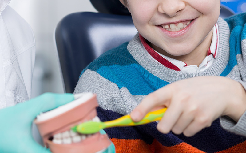 A child in a dentist chair, holding a toothbrush in their left hand, reaches over to a model of a mouth and brushes the teeth.