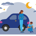 Alt text: Illustration of a teen and his mother beside their car at night, apparently homeless