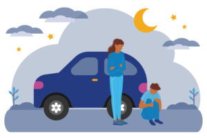 Alt text: Illustration of a teen and his mother beside their car at night, apparently homeless