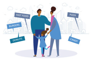 An urban family surrounded by fast food restaurants and a lack of nutrition equity.