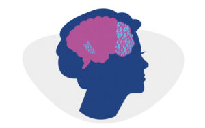 A women's head with stylized lightning bolts in the prefrontal cortex and hippocampus areas of her brain, indicating Alzheimer's mutations.