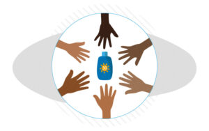 Hands of different skin tones circling a bottle of sunscreen