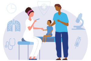 illustration of a doctor administering a vaccine to a small child
