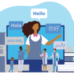 Graphic illustration of interpreter surrounded by conversation bubbles that say words in different languages as they work with families and providers
