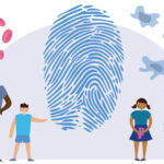 Illustration of three children of different ages, a fingerprint, and healthy and diseased cells, to capture the idea of genomic testing of solid tumors.