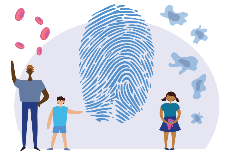 Illustration of three children of different ages, a fingerprint, and healthy and diseased cells, to capture the idea of genomic testing of solid tumors.