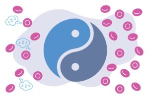 Conceptual illustration showing a yin-yang symbol and two groups of stem cells, with one group appearing to be snoozing, to illustrate the biology of MLL B-ALL..