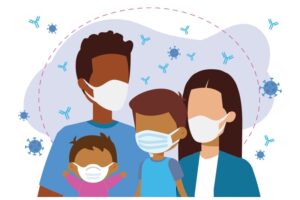 A group of children and teens of different ages wearing masks.