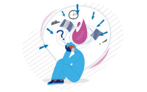 A person in medical scrubs crouched below images of fire, paperwork, and clocks.