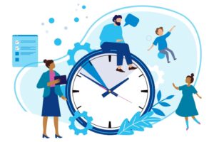 A woman, a man, and a child at different points on a clock.