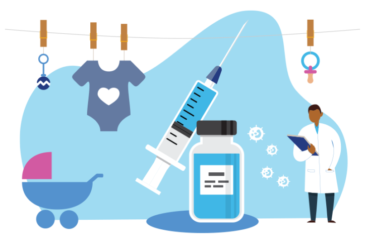 Illustration showing items for a new baby, including a vaccine and a doctor. White blood cells in the design represent the immune response.