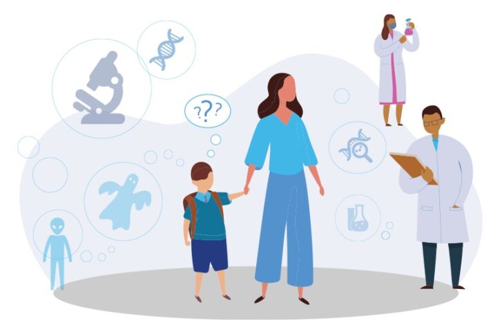 Illustration of a family seeking answers for early-onset psychosis in their child, with genes and spooky images