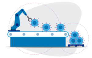 A factory conveyor belt producing CAR T cells, which are piling up in a bin at the end of the belt.