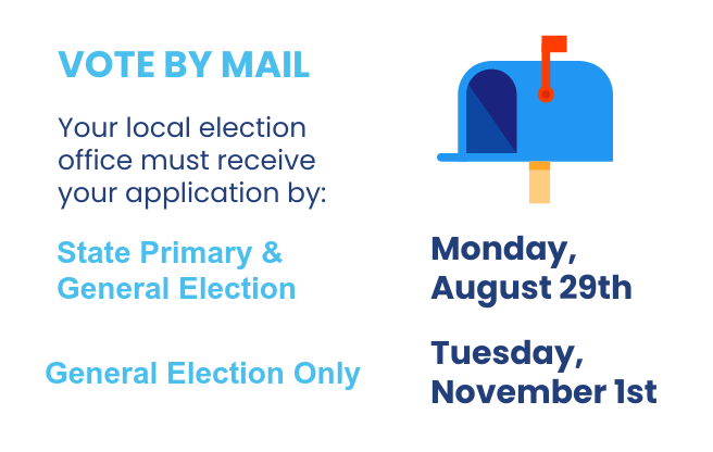 To vote by mail, your local election office must receive your application by Monday, Aug 29, for the primary and general election, and by Tuesday, Nov 1, for the general election only.