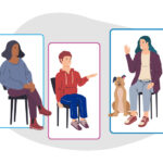 three rectangles with teens in them symbolize a virtual group therapy session