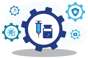 A vaccine needle and syringe, along with a vial carrying a vaccine, are surrounded by symbols of immunization and health.