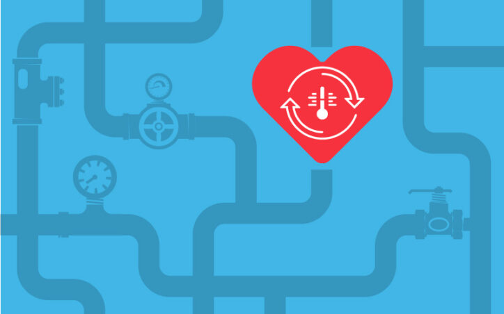 An illustration shows a cartoon heart set among the pipes that would be found on a wall water system.