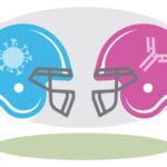 Two football helmets facing each other, one with a germ logo, one with an antibody logo.