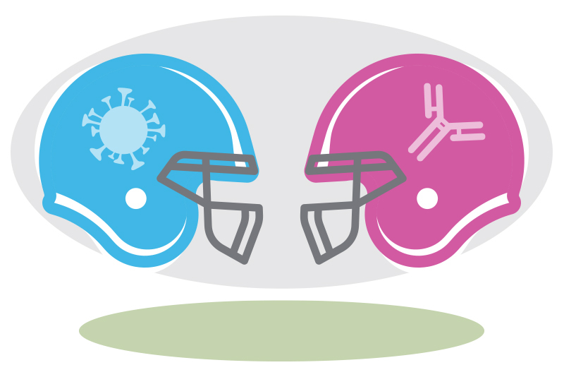 Two football helmets facing each other, one with a germ logo, one with an antibody logo.