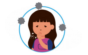 Child covering their mouth coughing with three gray germ cells circling above them