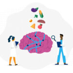 Whimsical depiction of a brain with different pathways through it and an assortment of foods