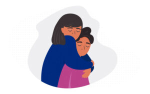 Drawn illustration of one woman embracing another.