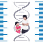 A double helix with two children of different heights.