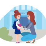 In an illustration, a mother kneels to comfort her young daughter outside a school.