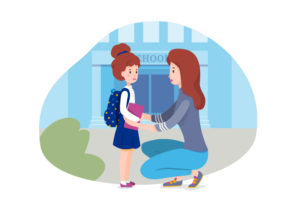 In an illustration, a mother kneels to comfort her young daughter outside a school.