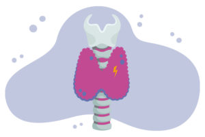 a thyroid gland with a lightning bolt to denote cancer