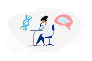 A scientist at a microscope with a brain and a double helix over her shoulder.
