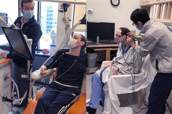 Photos of Sam in a chair having TMS and having leads placed on his head in preparation for an MRI.