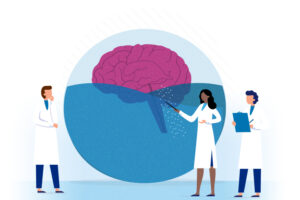 A cartoon brain being bathed in fluid, with researchers pointing out the Alzheimer's diagnostic markers in the fluid.