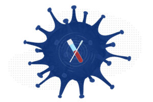 A coronavirus molecule with a test tube and nasal swab to symbolize COVID-19 biomarkers.