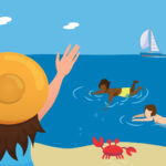 A girl is waving on a beach to two boys swimming in the ocean.