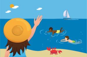 A girl is waving on a beach to two boys swimming in the ocean.