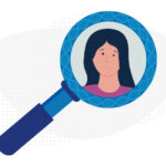 A magnifying glass, decorated with DNA, showing the face of a girl with a droopy mouth due to facial weakness.