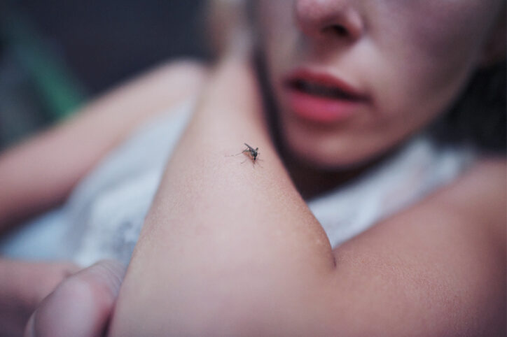 A woman with a mosquito on her arm.