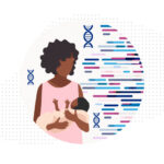 a mother holds a baby while surrounded by DNA symbols