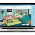 a laptop is open showing an virtual bedroom where a child is in bed and there is a table with medical equipment.
