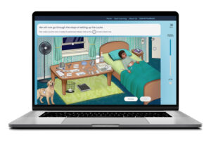 a laptop is open showing an virtual bedroom where a child is in bed and there is a table with medical equipment.
